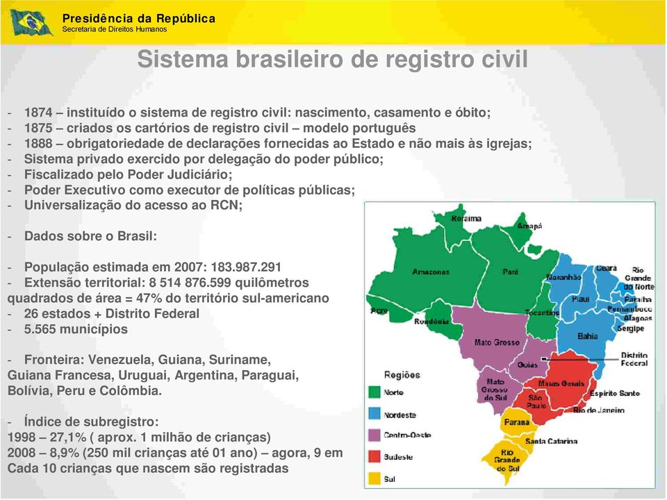 públicas; Universalização do acesso ao RCN; Dados sobre o Brasil: População estimada em 2007: 183.987.291 Extensão territorial: 8 514 876.
