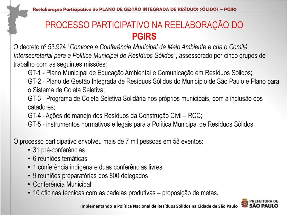 GT-1 - Plano Municipal de Educação Ambiental e Comunicação em Resíduos Sólidos; GT-2 - Plano de Gestão Integrada de Resíduos Sólidos do Município de São Paulo e Plano para o Sistema de Coleta