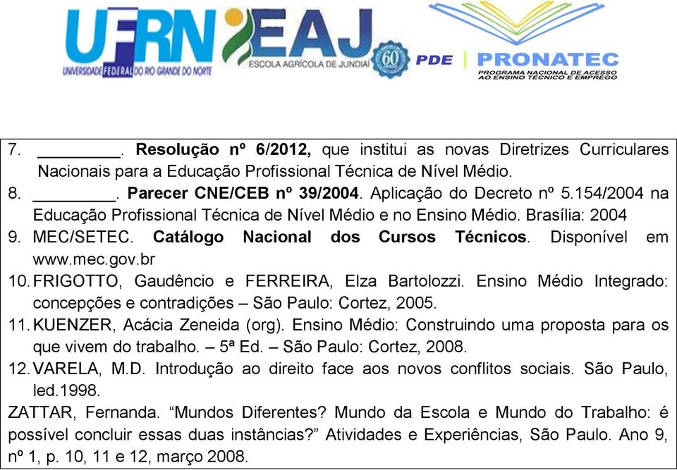 FRIGOTTO, Gaudêncio e FERREIRA, Elza Bartolozzi. Ensino Médio Integrado: concepções e contradições São Paulo: Cortez, 2005. 11. KUENZER, Acácia Zeneida (org).