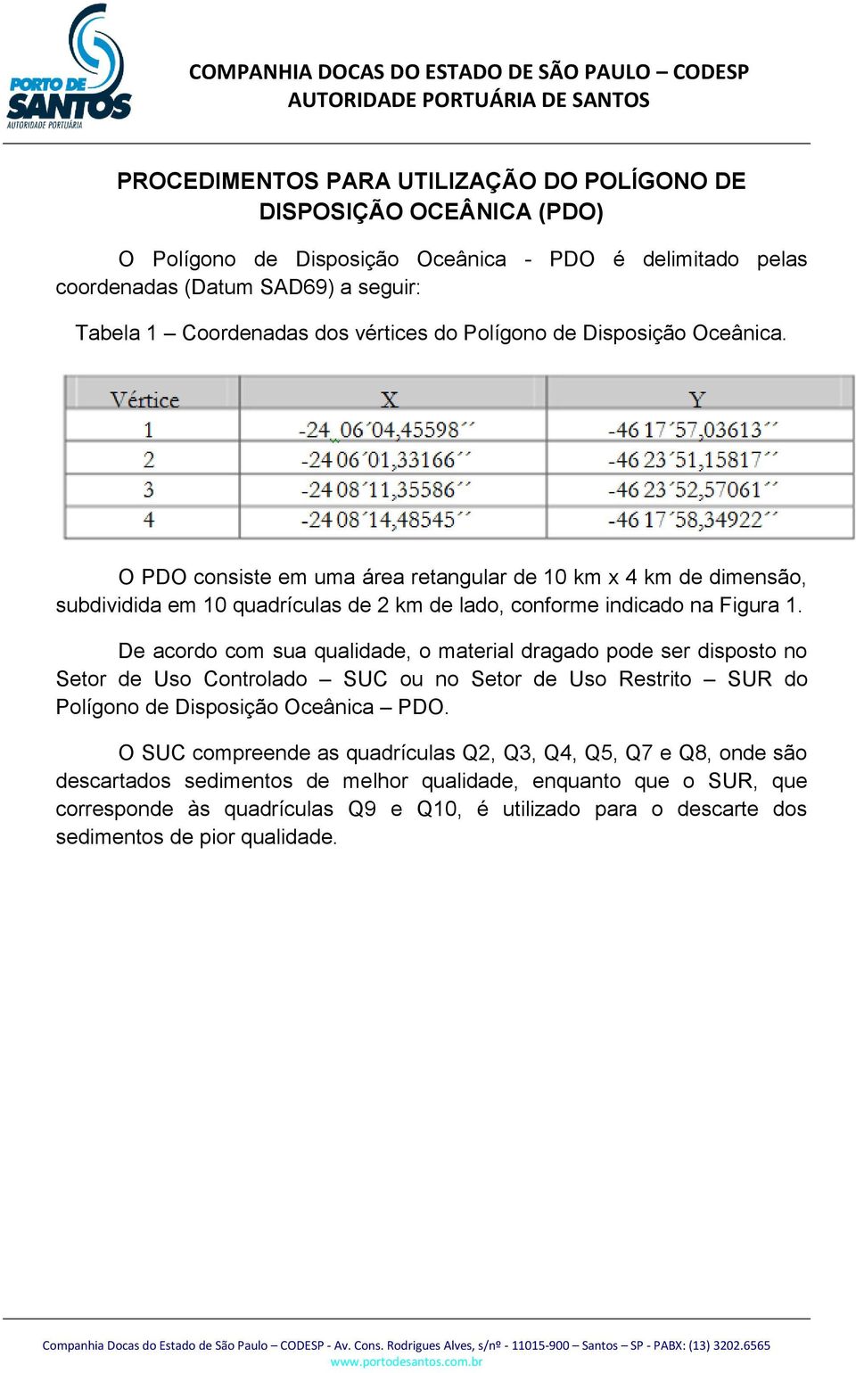 De acordo com sua qualidade, o material dragado pode ser disposto no Setor de Uso Controlado SUC ou no Setor de Uso Restrito SUR do Polígono de Disposição Oceânica PDO.