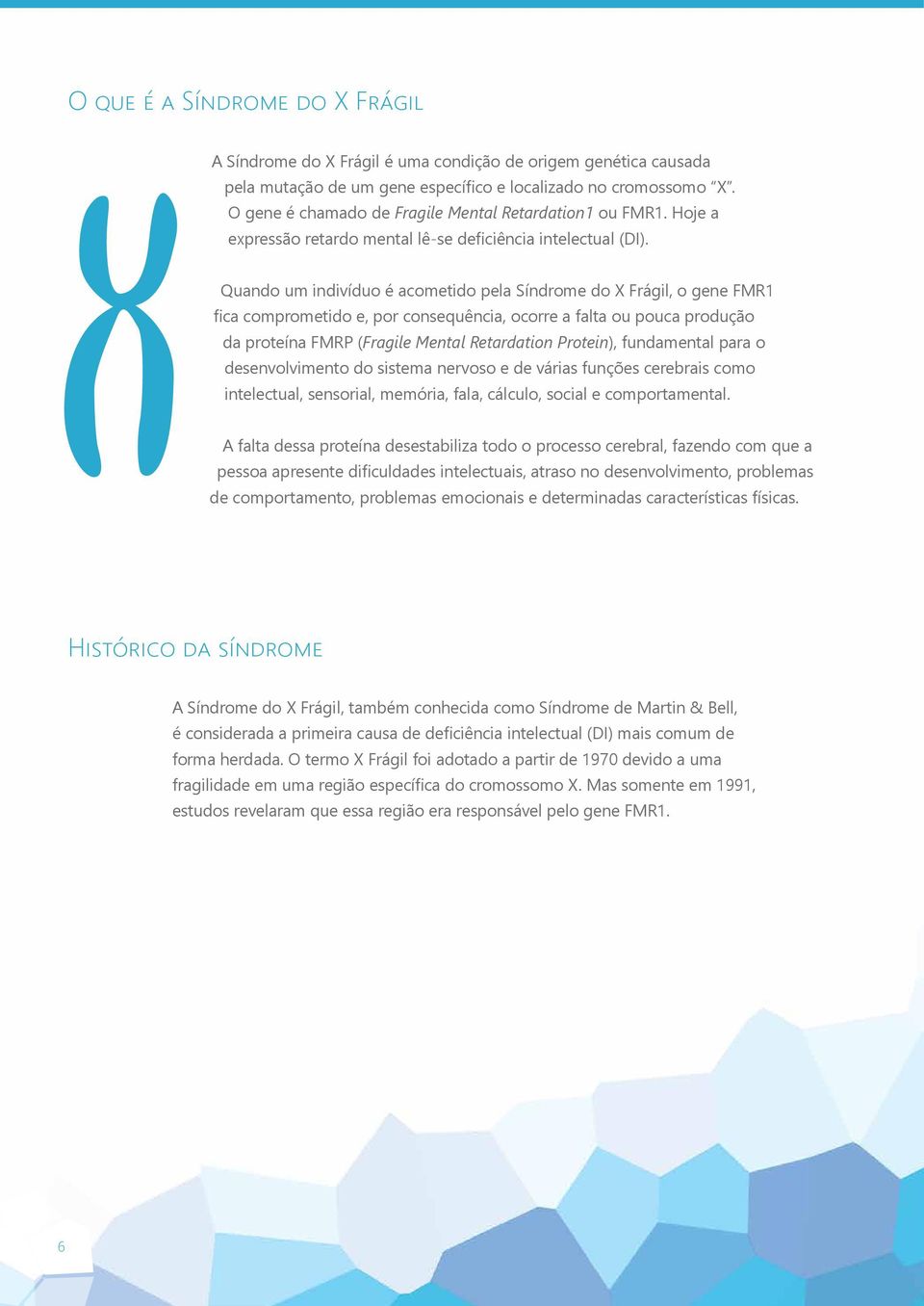 Quando um indivíduo é acometido pela Síndrome do X Frágil, o gene FMR1 fica comprometido e, por consequência, ocorre a falta ou pouca produção da proteína FMRP (Fragile Mental Retardation Protein),