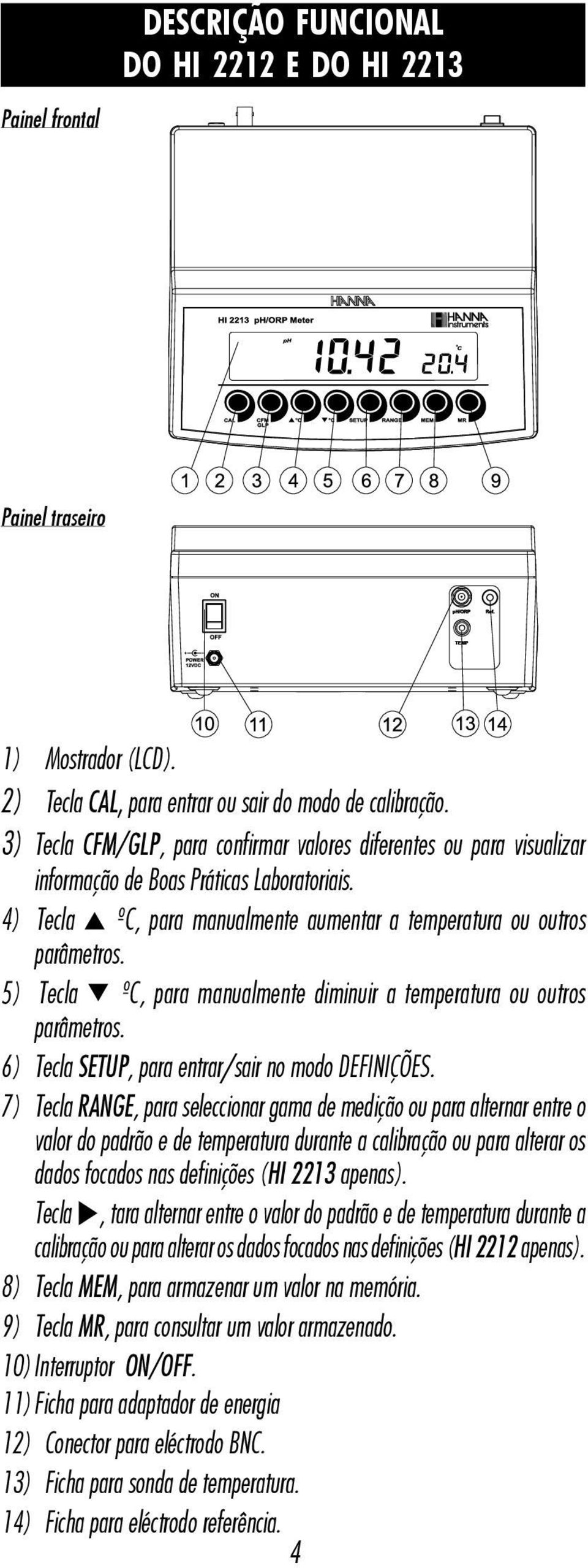 5) Tecla ºC, para manualmente diminuir a temperatura ou outros parâmetros. 6) Tecla SETUP, para entrar/sair no modo DEFINIÇÕES.