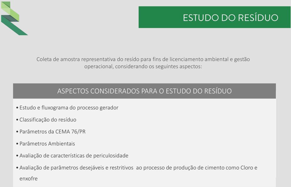 processo gerador Classificação do resíduo Parâmetros da CEMA 76/PR Parâmetros Ambientais Avaliação de