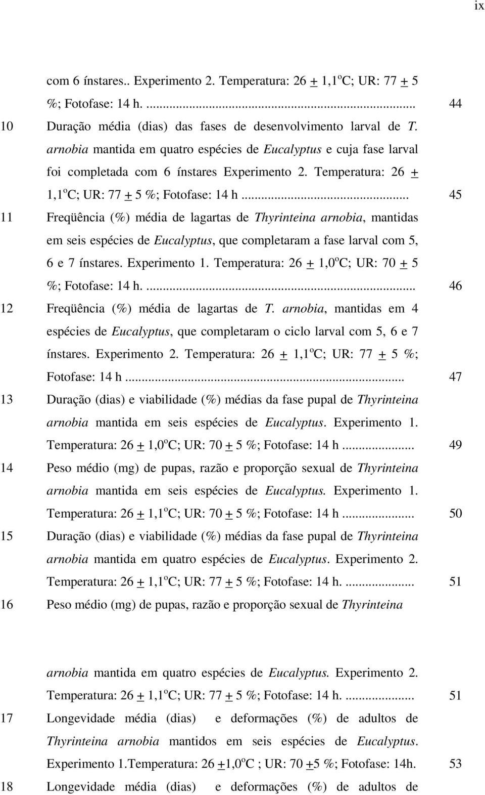 .. 45 11 Freqüência (%) média de lagartas de Thyrinteina arnobia, mantidas em seis espécies de Eucalyptus, que completaram a fase larval com 5, 6 e 7 ínstares. Experimento 1.