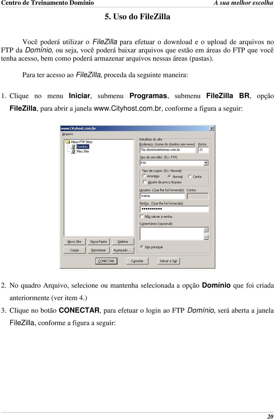 Clique no menu Iniciar, submenu Programas, submenu FileZilla BR, opção FileZilla, para abrir a janela www.cityhost.com.br, conforme a figura a seguir: 2.