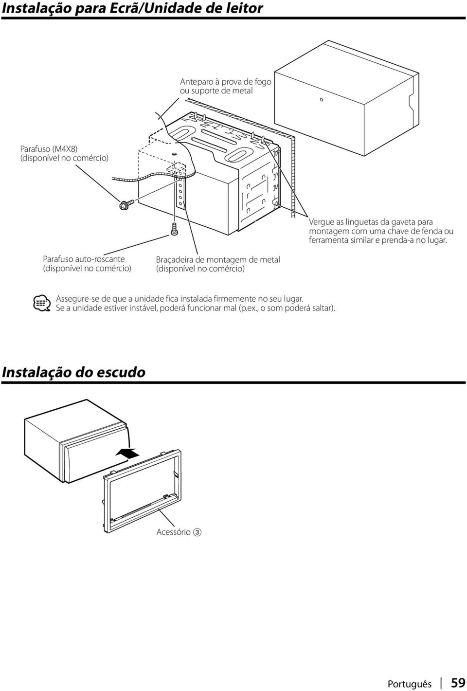 Parafuso auto-roscante (disponível no comércio) Braçadeira de montagem de metal (disponível no comércio) Assegure-se de que a unidade