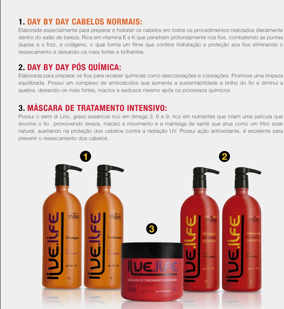 ressecamento e deixando-os mais fortes e brilhantes. 2. DAY BY DAY PÓS QUÍMICA: Elaborada para preparar os fios para receber químicas como descolorações e colorações. Promove uma limpeza equilibrada.