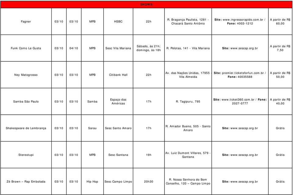 das Nações Unidas, 17955 - Vila Almeida Site: premier.ticketsforfun.com.br / Fone: 40035588 50,00 Samba São Paulo 03/10 03/10 Samba Espaço das Américas 17h R. Tagipuru, 795 Site: www.ticket360.com.br / Fone: 2027-0777 40,00 Shakespeare de Lembrança 03/10 03/10 Sarau Sesc Santo Amaro 17h R.