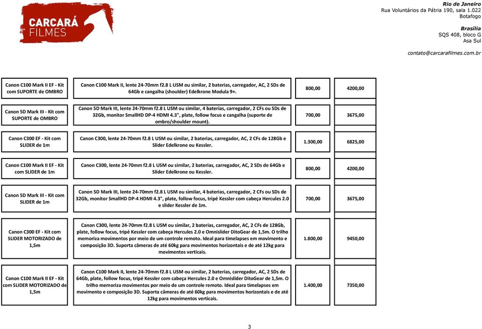 3", plate, follow focus e cangalha (suporte de ombro/shoulder mount). 700,00 3675,00 Canon C300 EF - Kit com SLIDER de 1m Canon C300, lente 24-70mm f2.