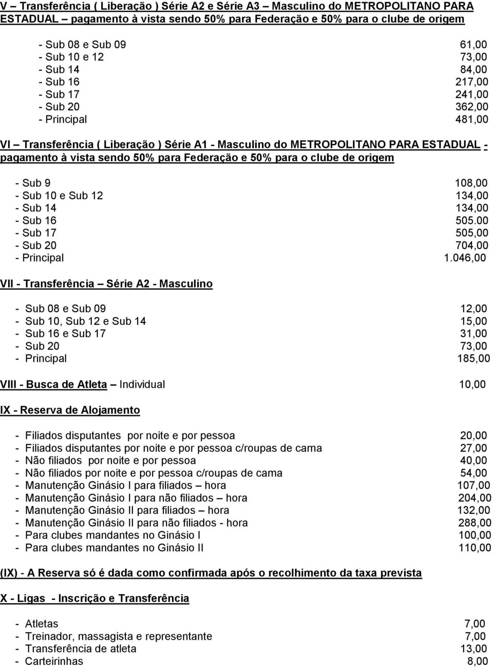 50% para Federação e 50% para o clube de origem - Sub 9 108,00 - Sub 10 e Sub 12 134,00 - Sub 14 134,00 - Sub 16 505.00 - Sub 17 505,00 - Sub 20 704,00 - Principal 1.