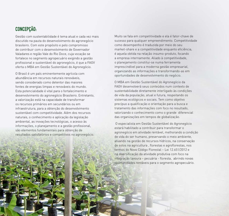 profissional e sustentável do agronegócio, é que a FAGV oferta o MBA em Gestão Sustentável do Agronegócio.