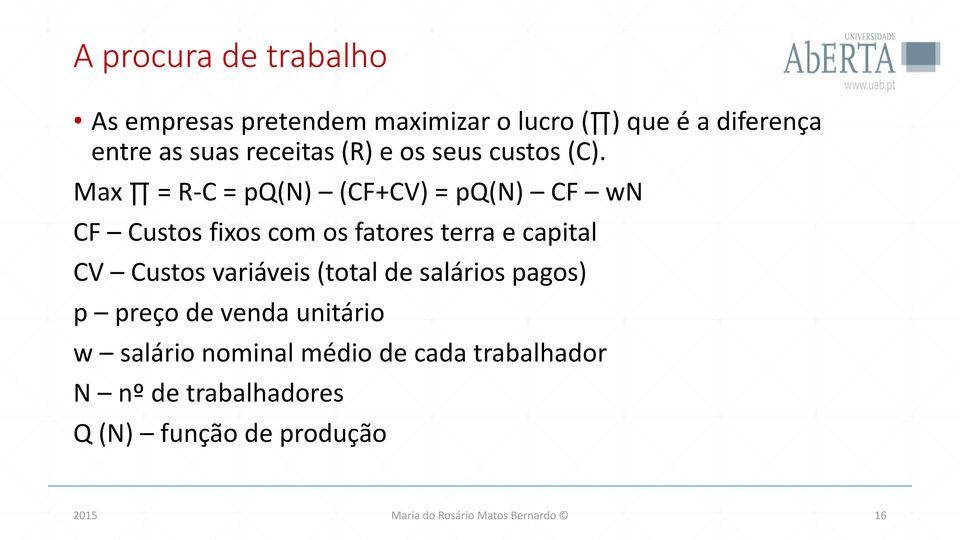 Max = R-C = pq(n) (CF+CV) = pq(n) CF wn CF Custos fixos com os fatores terra e capital CV Custos