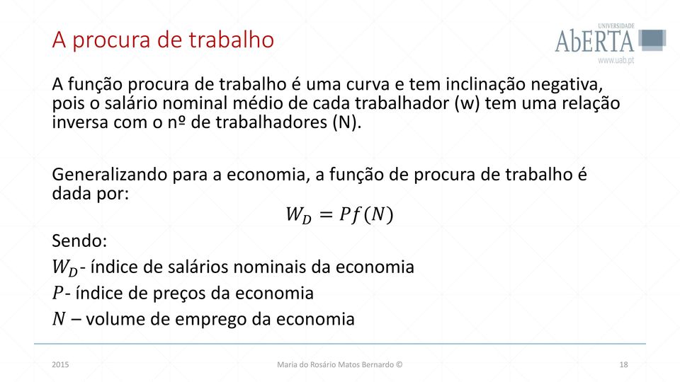 Generalizando para a economia, a função de procura de trabalho é dada por: W D = Pf(N) Sendo: W D - índice de