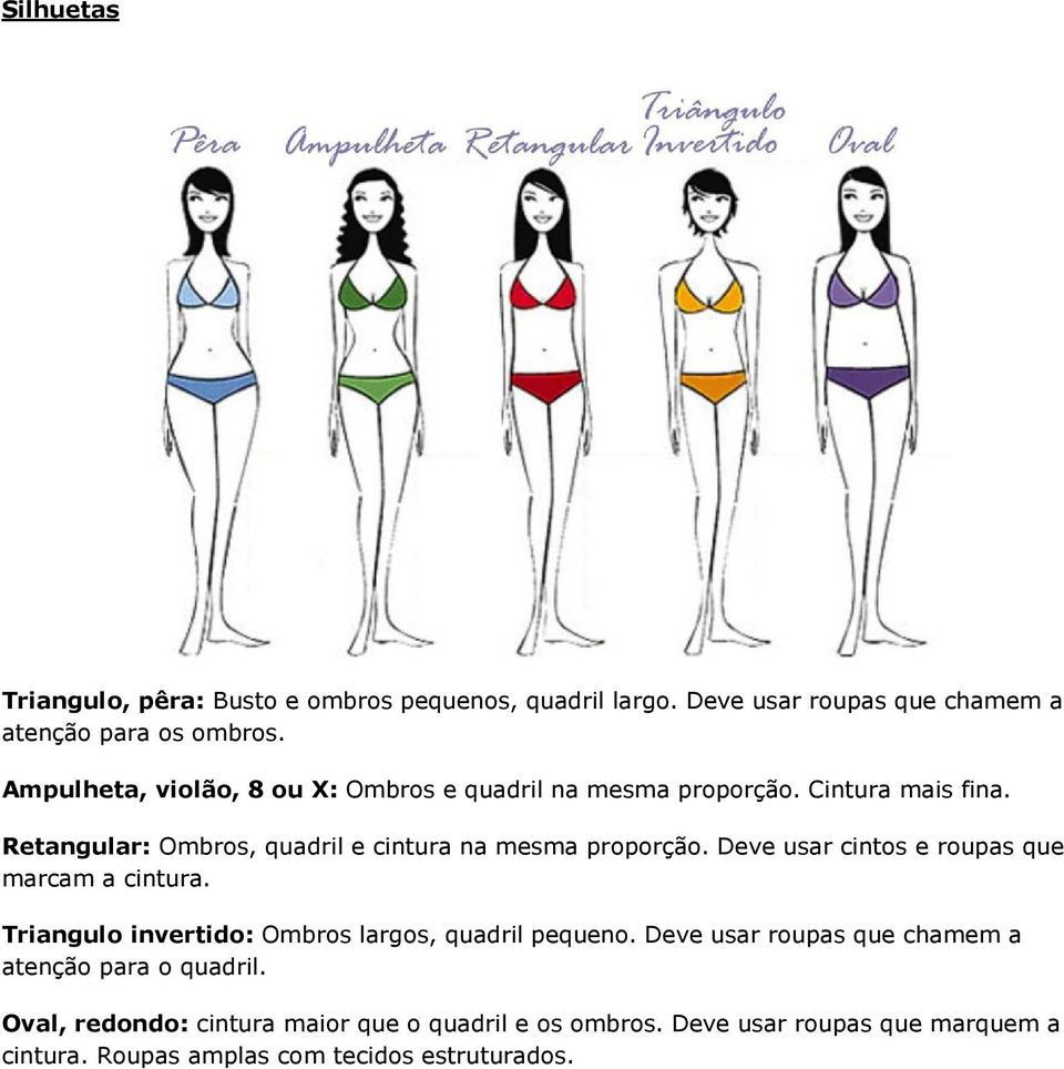 Retangular: Ombros, quadril e cintura na mesma proporção. Deve usar cintos e roupas que marcam a cintura.
