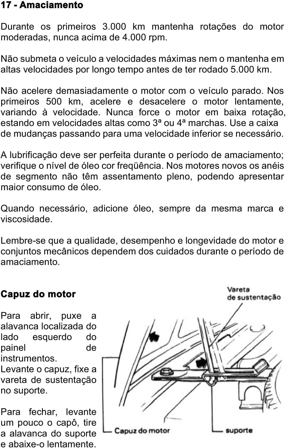 Nos primeiros 500 km, acelere e desacelere o motor lentamente, variando à velocidade. Nunca force o motor em baixa rotação, estando em velocidades altas como 3ª ou 4ª marchas.