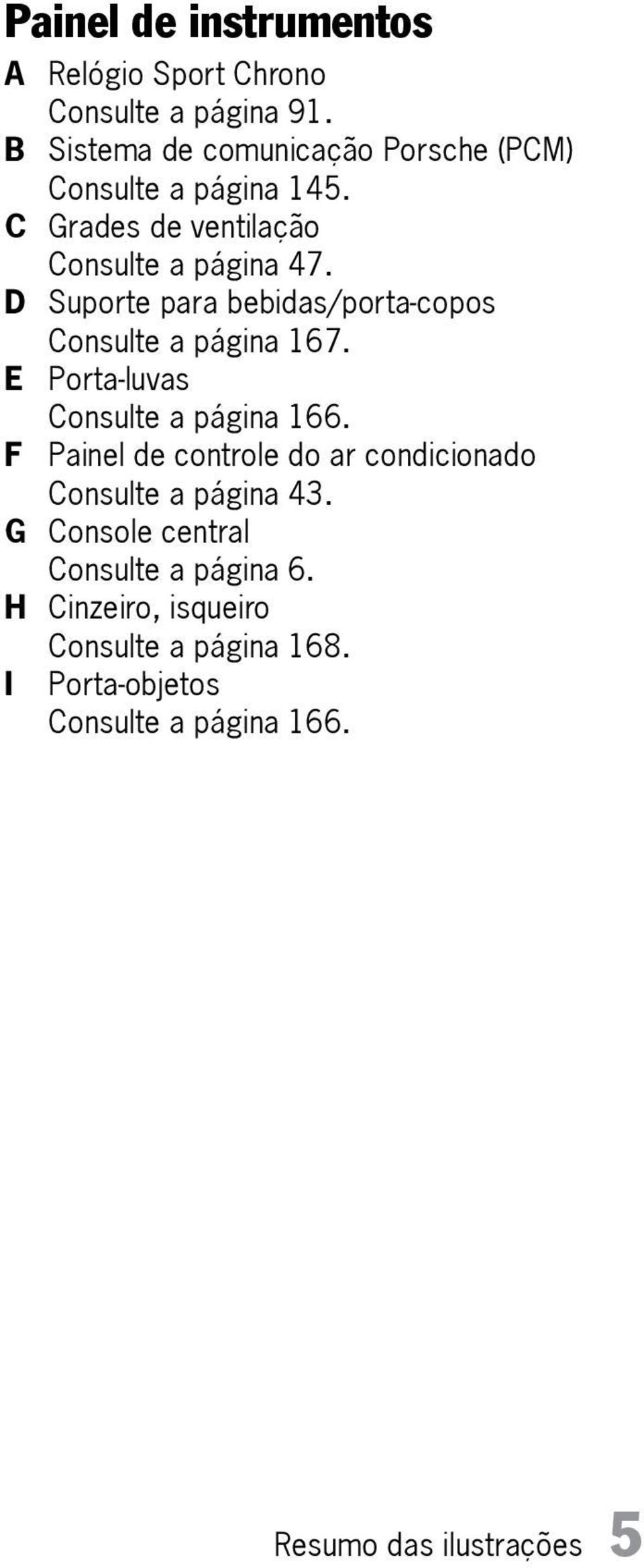 D Suporte para bebidas/porta-copos Consulte a página 167. E Porta-luvas Consulte a página 166.