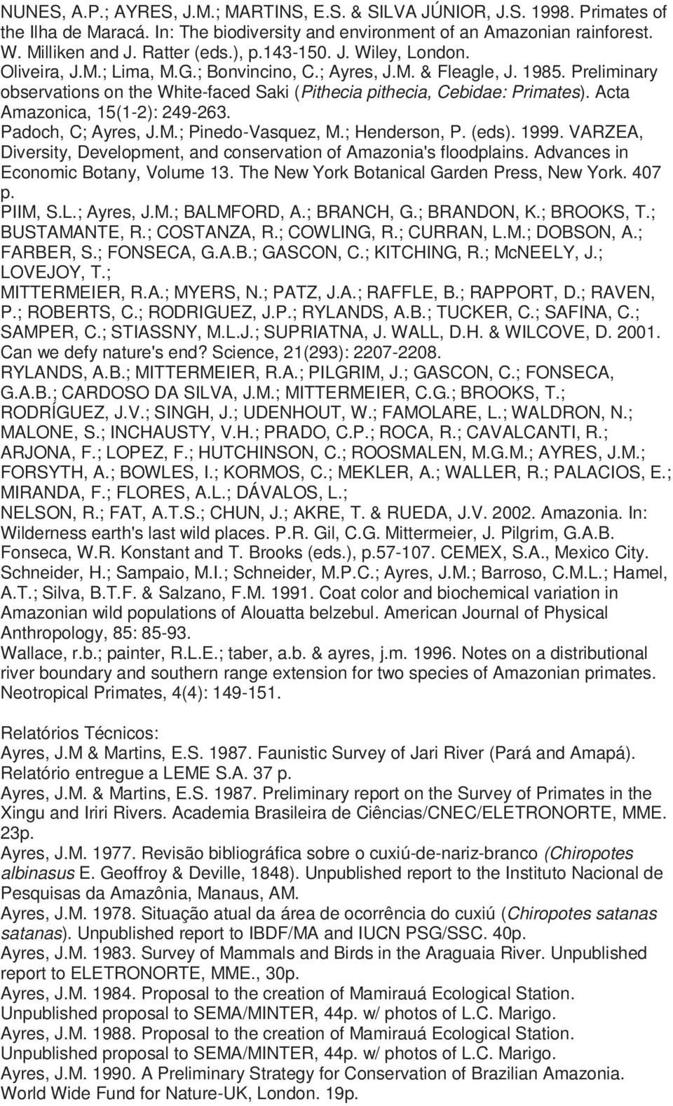 Acta Amazonica, 15(1-2): 249-263. Padoch, C; Ayres, J.M.; Pinedo-Vasquez, M.; Henderson, P. (eds). 1999. VARZEA, Diversity, Development, and conservation of Amazonia's floodplains.