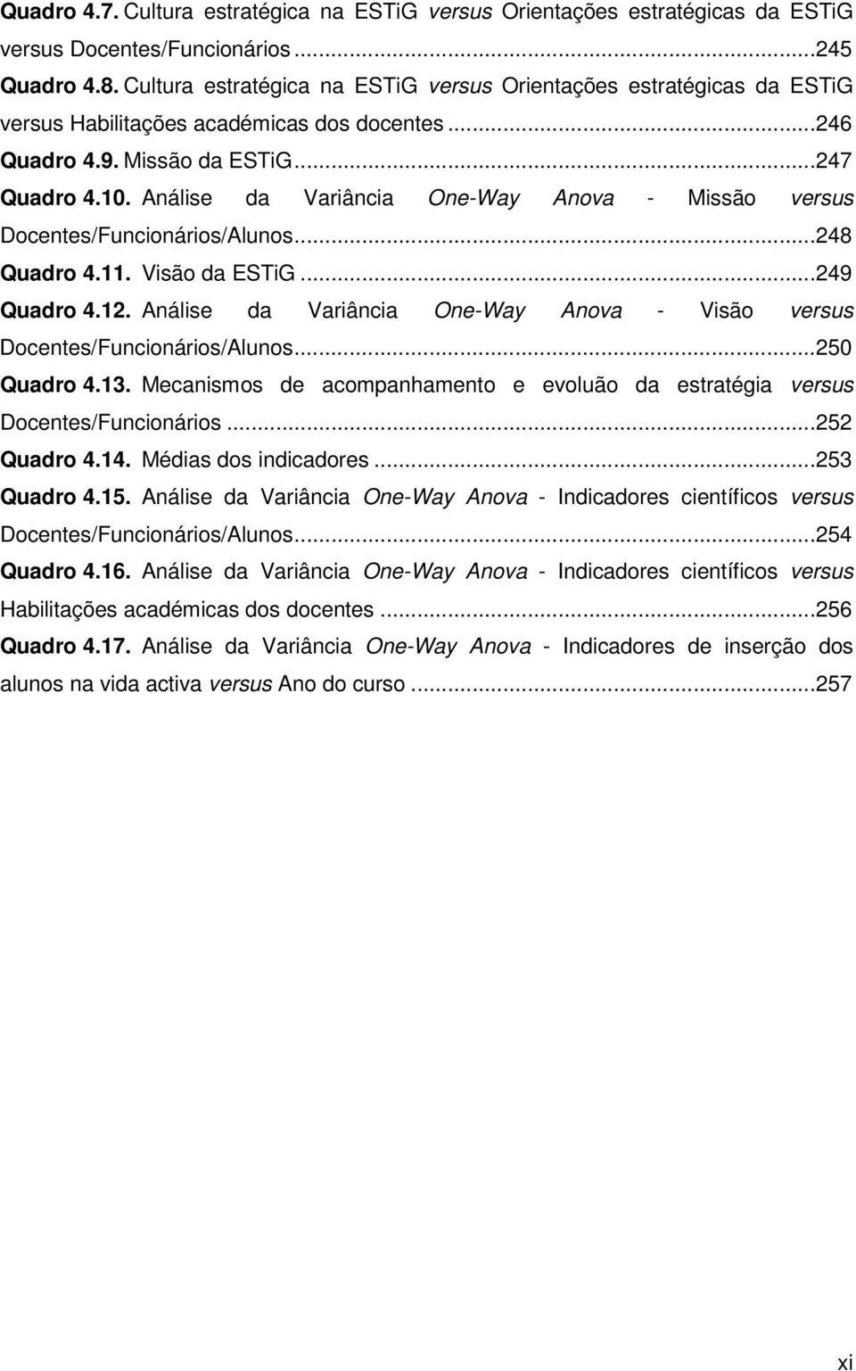 . Análise da Variância One-Way Anova - Missão versus Docentes/Funcionários/Alunos...248 Quadro 4.11. Visão da ESTiG...24 Quadro 4.12.