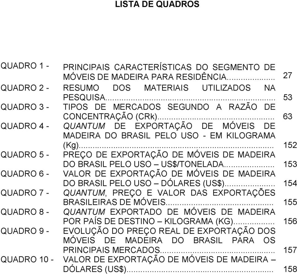 .. 152 QUADRO 5 - PREÇO DE EXPORTAÇÃO DE MÓVEIS DE MADEIRA DO BRASIL PELO USO US$/TONELADA... 153 QUADRO 6 - VALOR DE EXPORTAÇÃO DE MÓVEIS DE MADEIRA DO BRASIL PELO USO DÓLARES (US$).