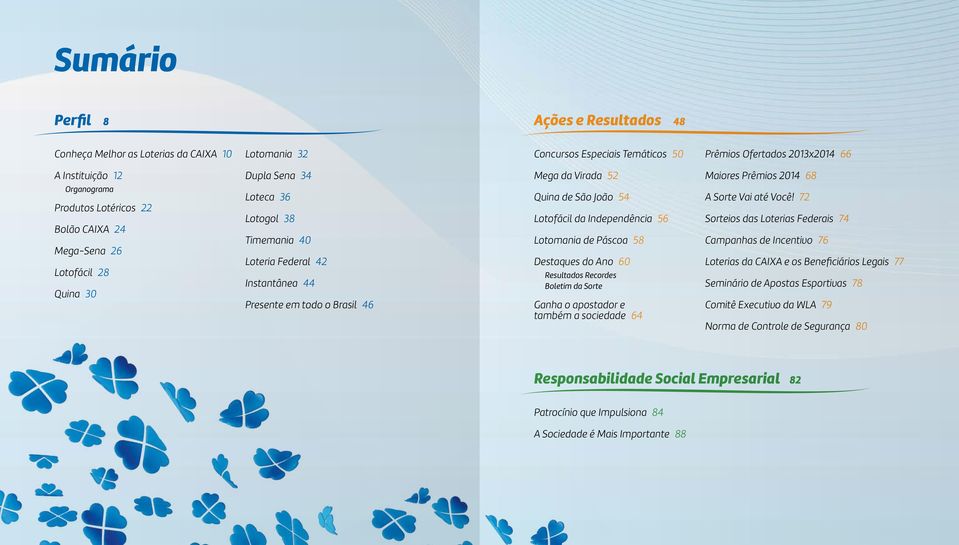 Quina de São João 54 Lotofácil da Independência 56 Lotomania de Páscoa 58 Destaques do Ano 60 Resultados Recordes Boletim da Sorte Ganha o apostador e também a sociedade 64 A Sorte Vai até Você!