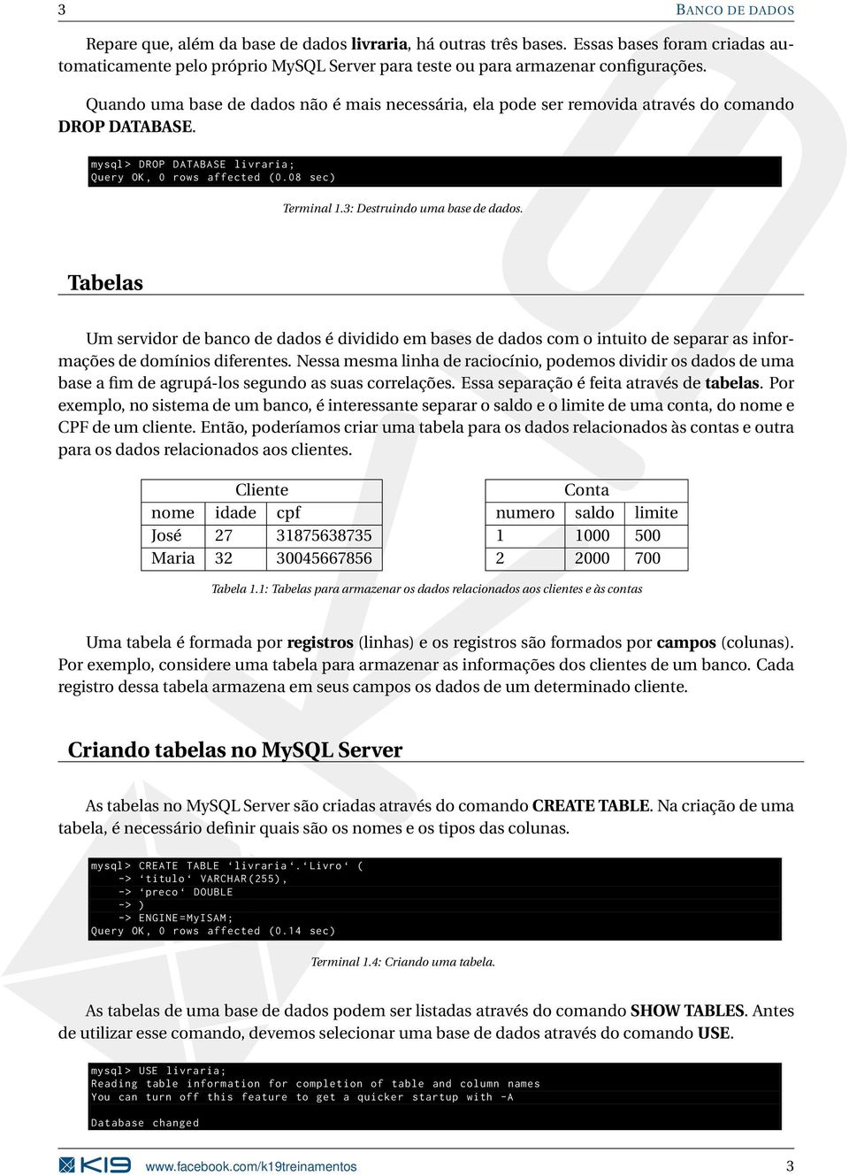 3: Destruindo uma base de dados. Tabelas Um servidor de banco de dados é dividido em bases de dados com o intuito de separar as informações de domínios diferentes.