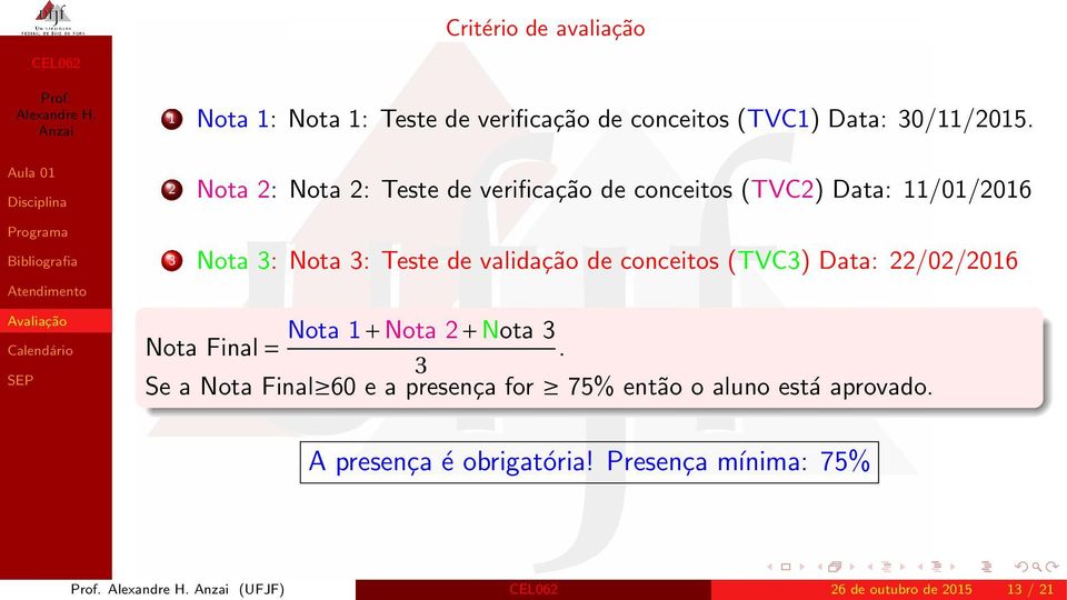 validação de conceitos (TVC3) Data: 22/02/2016 Nota 1+Nota 2+Nota 3 Nota Final=.