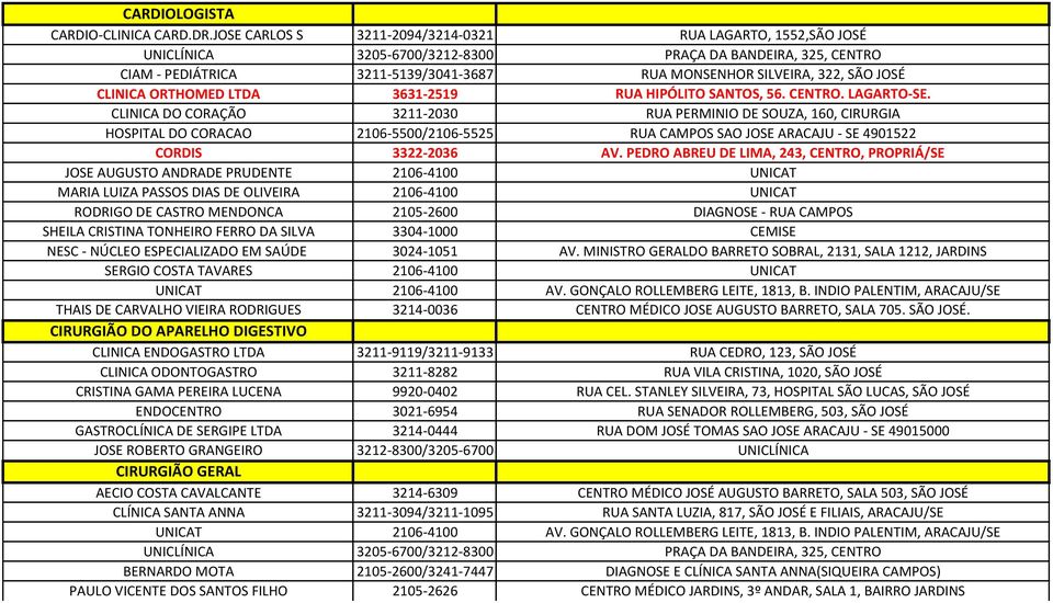 CLINICA ORTHOMED LTDA 3631-2519 RUA HIPÓLITO SANTOS, 56. CENTRO. LAGARTO-SE.