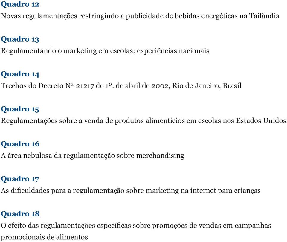 de abril de 2002, Rio de Janeiro, Brasil Quadro 15 Regulamentações sobre a venda de produtos alimentícios em escolas nos Estados Unidos Quadro 16 A área