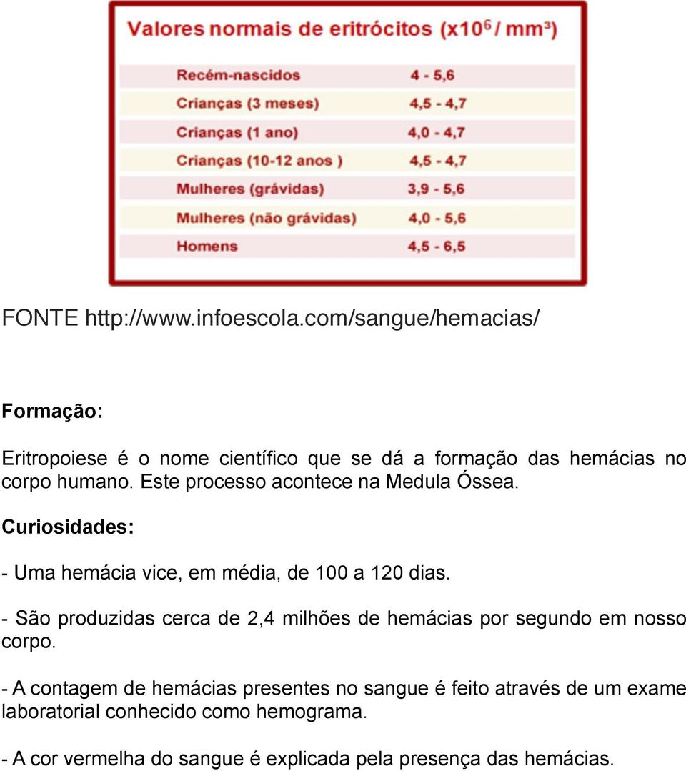 Este processo acontece na Medula Óssea. Curiosidades: - Uma hemácia vice, em média, de 100 a 120 dias.