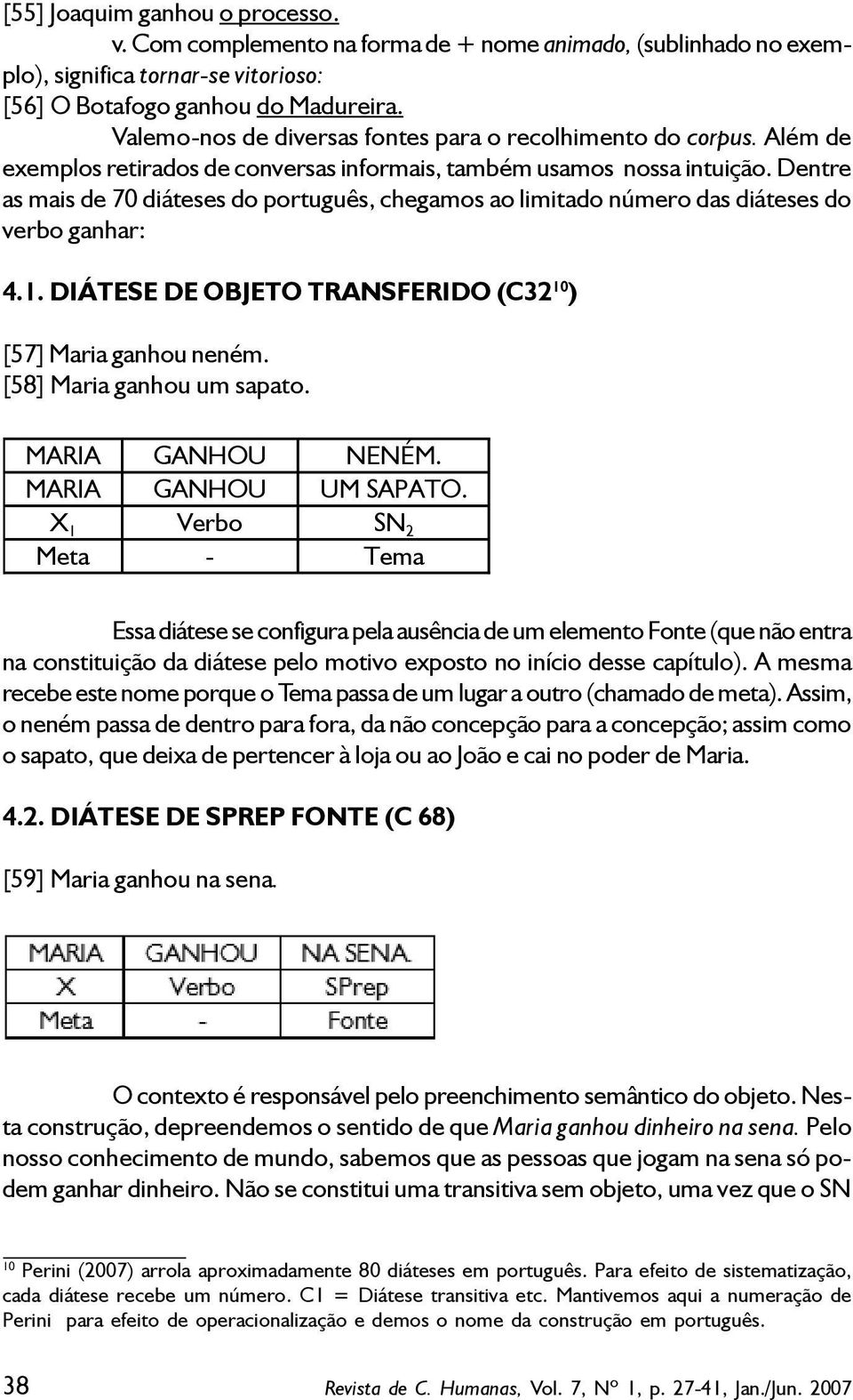 Dentre as mais de 70 diáteses do português, chegamos ao limitado número das diáteses do verbo ganhar: 4.1. DIÁTESE DE OBJETO TRANSFERIDO (C32 10 ) [57] Maria ganhou neném. [58] Maria ganhou um sapato.