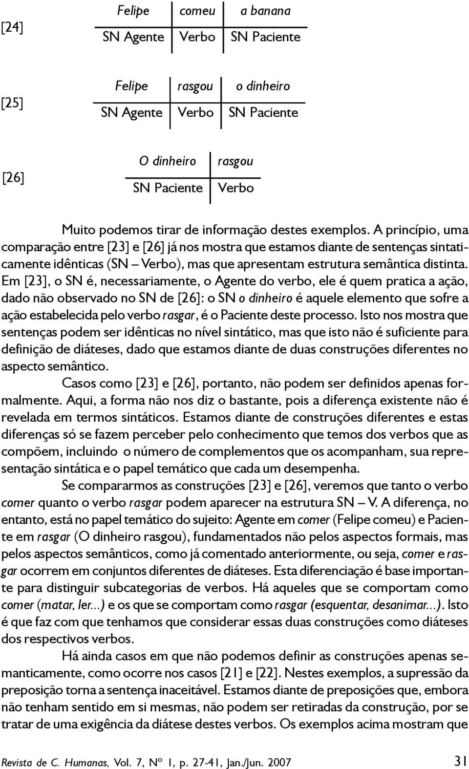 Em [23], o SN é, necessariamente, o Agente do verbo, ele é quem pratica a ação, dado não observado no SN de [26]: o SN o dinheiro é aquele elemento que sofre a ação estabelecida pelo verbo rasgar, é