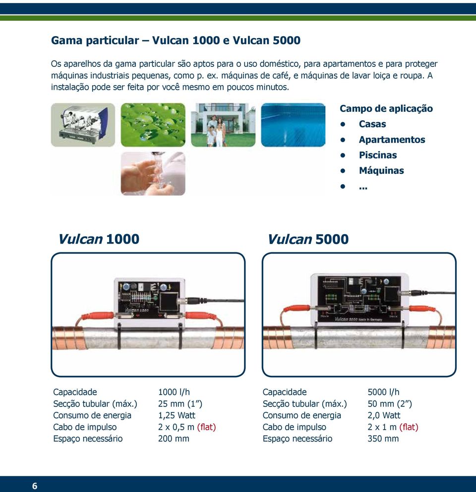 Campo de aplicação Casas Apartamentos Piscinas Máquinas... Vulcan 1000 Vulcan 5000 Capacidade Secção tubular (máx.