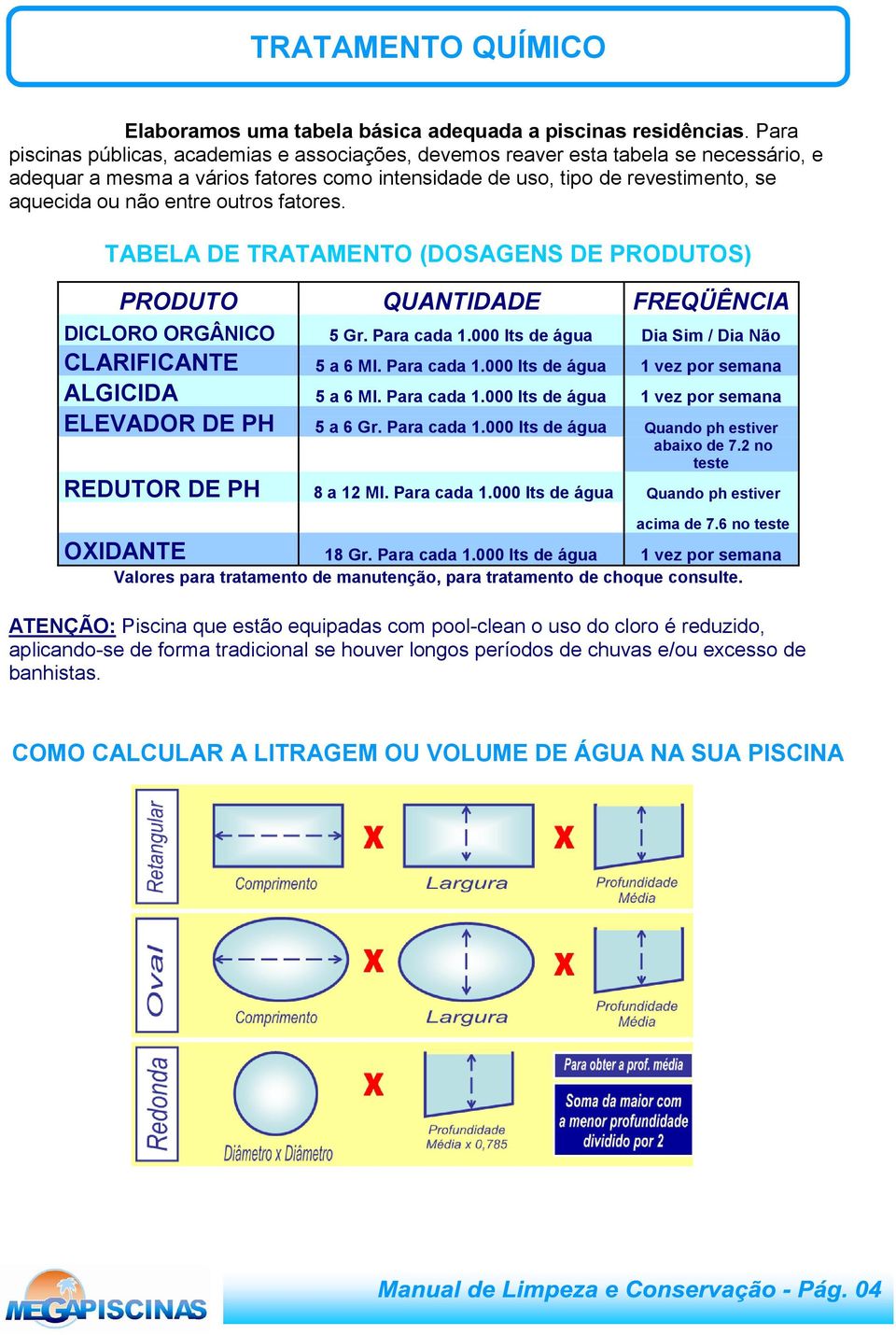 outros fatores. TABELA DE TRATAMENTO (DOSAGENS DE PRODUTOS) PRODUTO QUANTIDADE FREQÜÊNCIA DICLORO ORGÂNICO 5 Gr. Para cada 1.000 lts de água Dia Sim / Dia Não CLARIFICANTE 5 a 6 Ml. Para cada 1.000 lts de água 1 vez por semana ALGICIDA 5 a 6 Ml.