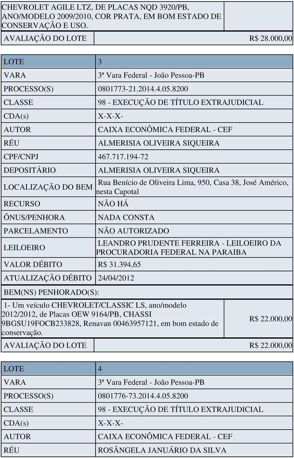 194-72 ALMERISIA OLIVEIRA SIQUEIRA ALMERISIA OLIVEIRA SIQUEIRA Rua Benício de Oliveira Lima, 950, Casa 38, José Américo, nesta Capotal NÃO IZADO VALOR DÉBITO R$ 31.