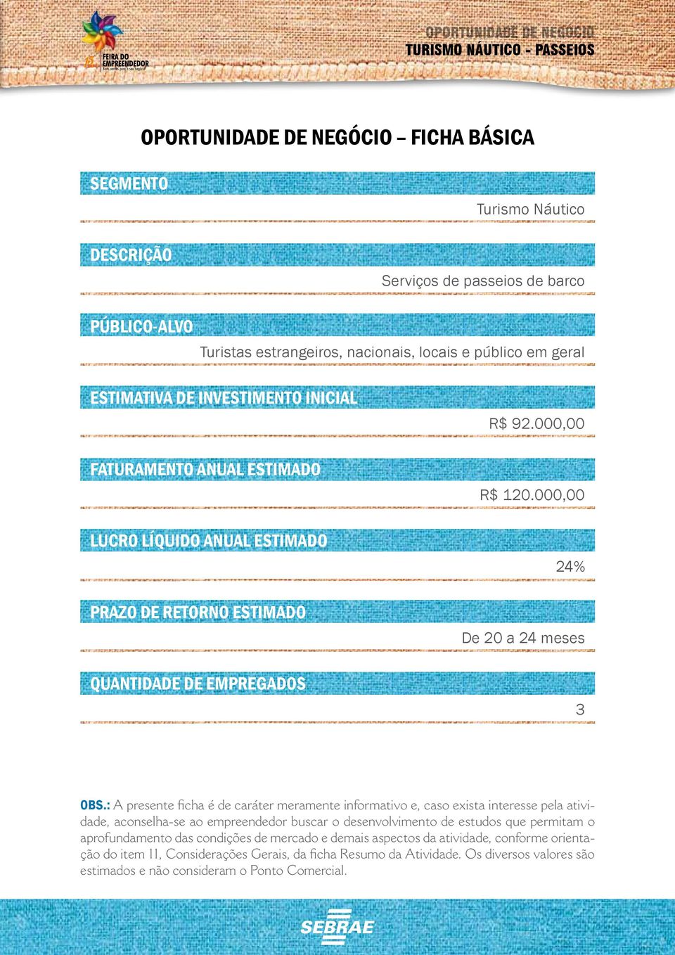 : A presente ficha é de caráter meramente informativo e, caso exista interesse pela atividade, aconselha-se ao empreendedor buscar o desenvolvimento de estudos que permitam o aprofundamento