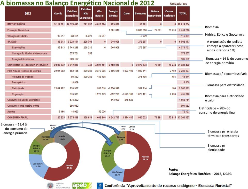 eletricidade Biomassa para eletricidade e calor Eletricidade = 28% do consumo de energia final Biomassa = 13,4 % do consumo