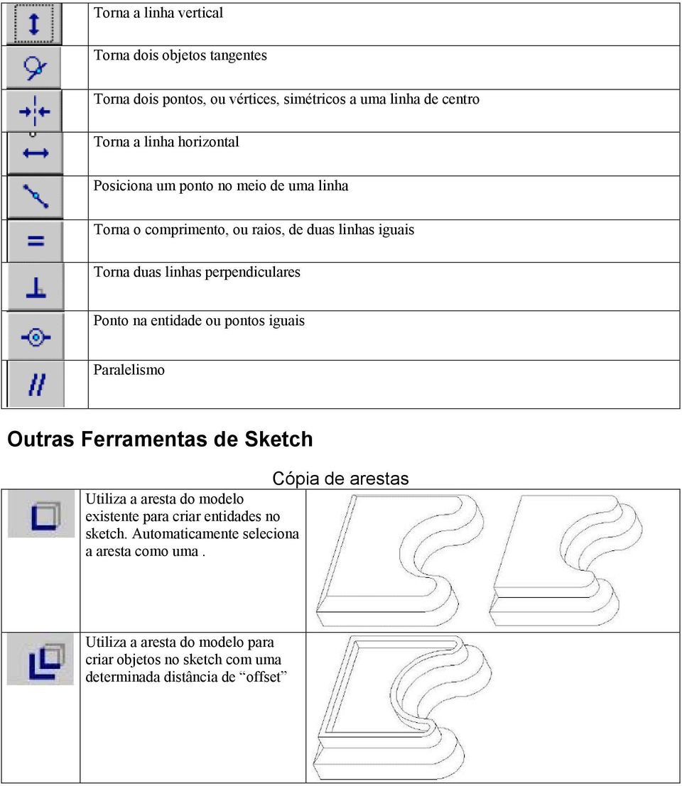 entidade ou pontos iguais Paralelismo Outras Ferramentas de Sketch Cópia de arestas Utiliza a aresta do modelo existente para criar entidades