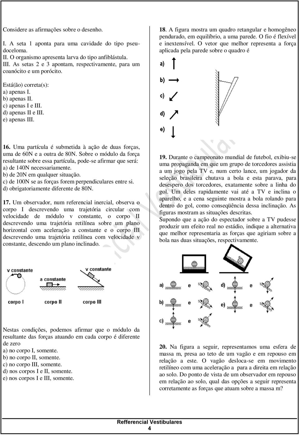 O vetor que melhor representa a força aplicada pela parede sobre o quadro é Está(ão) correta(s): a) apenas I. b) apenas II. c) apenas I e III. d) apenas II e III. e) apenas III. 16.