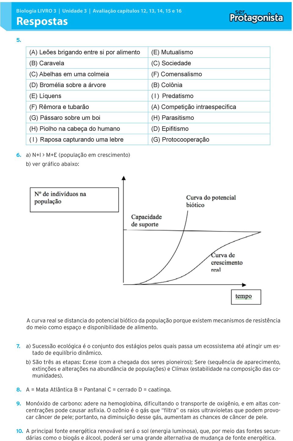 Rêmora e tubarão (A) Competição intraespecífica (G) Pássaro sobre um boi (H) Parasitismo (H) Piolho na cabeça do humano (D) Epifitismo ( I ) Raposa capturando uma lebre (G) Protocooperação 6.