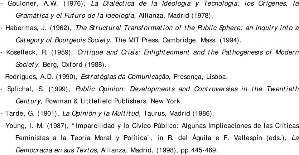 (1959), Critique and Crisis: Enlightenment and the Pathogenesis of Modern Society, Berg, Oxford (1988). - Rodrigues, A.D. (1990), Estratégias da Comunicação, Presença, Lisboa. - Splichal, S.