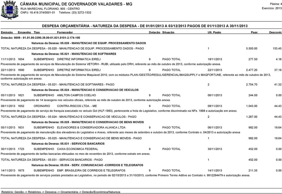 021 - MANUTENCAO DE SOFTWARES 11/11/2013 1654 SUBEMPENHO DIRETRIZ INFORMATICA EIRELI 9 PAGO TOTAL 18/11/2013 277,50 4,16 Proveniente de pagamento de serviços de Manutenção do Sistema VETORH - RUBI,