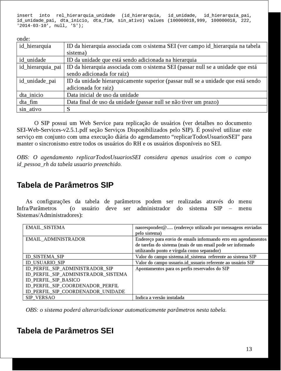 está sendo adicionada na hierarquia ID da hierarquia associada com o sistema SEI (passar null se a unidade que está sendo adicionada for raiz) ID da unidade hierarquicamente superior (passar null se