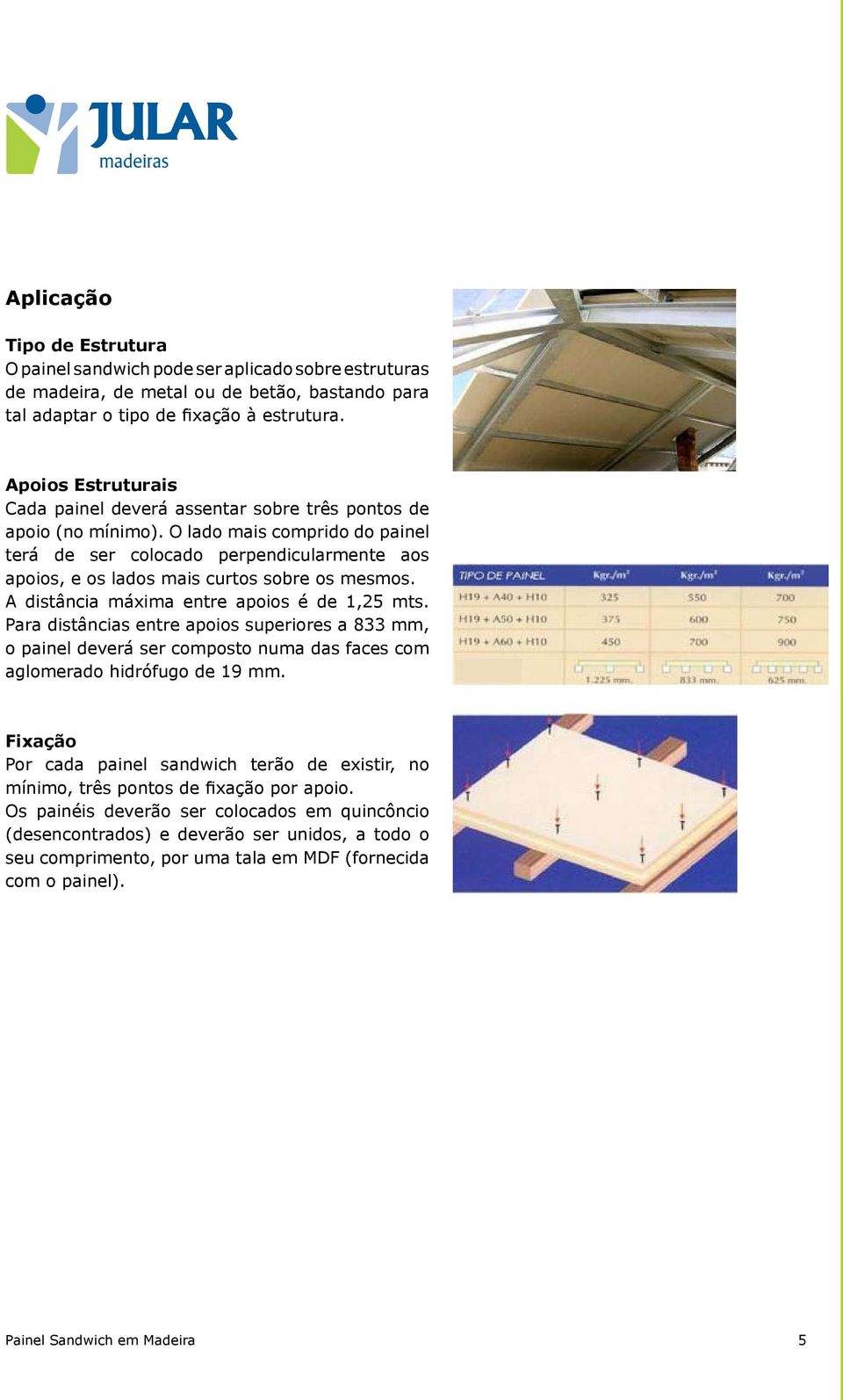 O lado mais comprido do painel terá de ser colocado perpendicularmente aos apoios, e os lados mais curtos sobre os mesmos. A distância máxima entre apoios é de 1,25 mts.