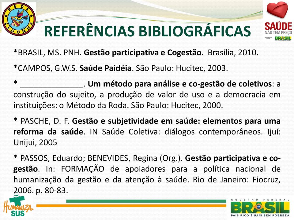 AMPOS, G.W.S. Saúde Paidéia. São Paulo: Hucitec, 2003. *.