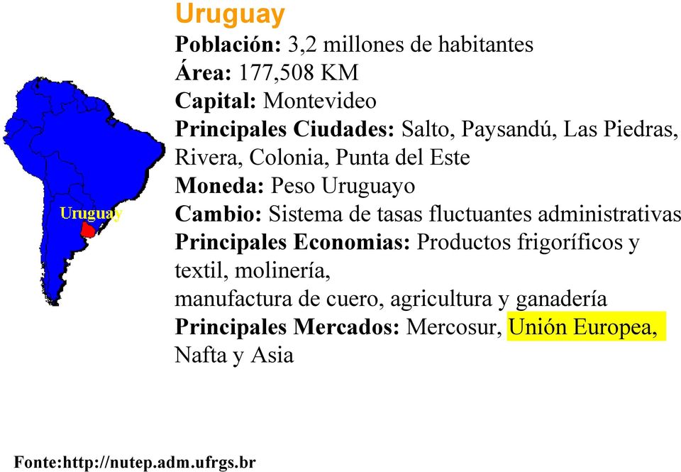 Salto, Paysandú, Las Piedras, Rivera, Colonia, Punta del Este Moneda: Peso Uruguayo Cambio: Sistema de tasas