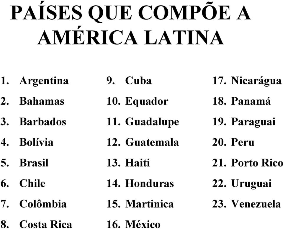 Guadalupe 12. Guatemala 13. Haiti 14. Honduras 15. Martinica 16. México 17.