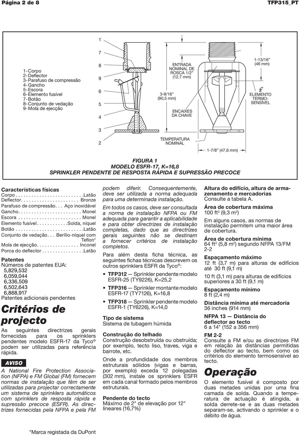 SUPRESSÃO PRECOCE Características físicas Corpo..........................Latão Deflector...................... Bronze Parafuso de compressão... Aço inoxidável Gancho........................ Monel Escora.