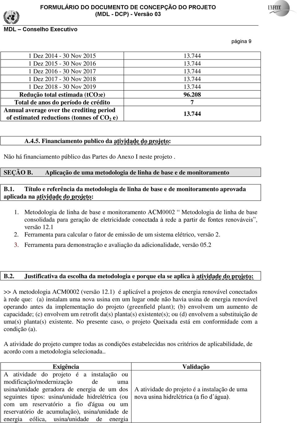 Financiamento publico da atividade do projeto: Não há financiamento público das Partes do Anexo I neste projeto. SEÇÃO B. Aplicação de uma metodologia de linha de base e de monitoramento B.1.