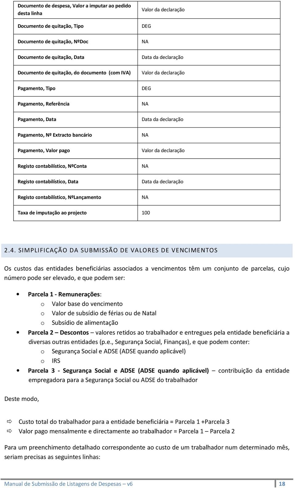 pago Valor da declaração Registo contabilístico, NºConta NA Registo contabilístico, Data Data da declaração Registo contabilístico, NºLançamento NA Taxa de imputação ao projecto 100 2.4.