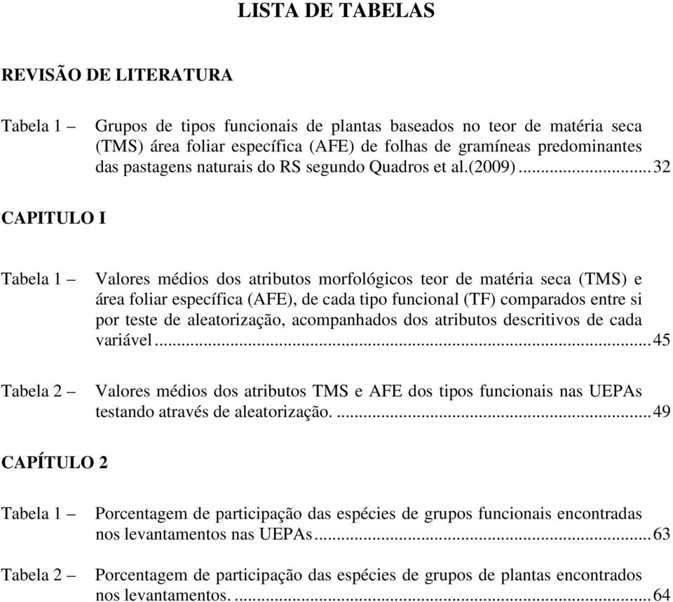 .. 32 CAPITULO I Tabela 1 Tabela 2 Valores médios dos atributos morfológicos teor de matéria seca (TMS) e área foliar específica (AFE), de cada tipo funcional (TF) comparados entre si por teste de